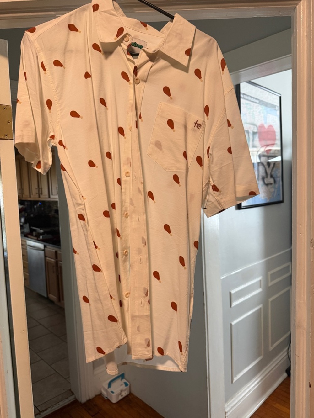 Tipsy Elves Cream Short-Sleeve Button-Up with turkey legs  Print